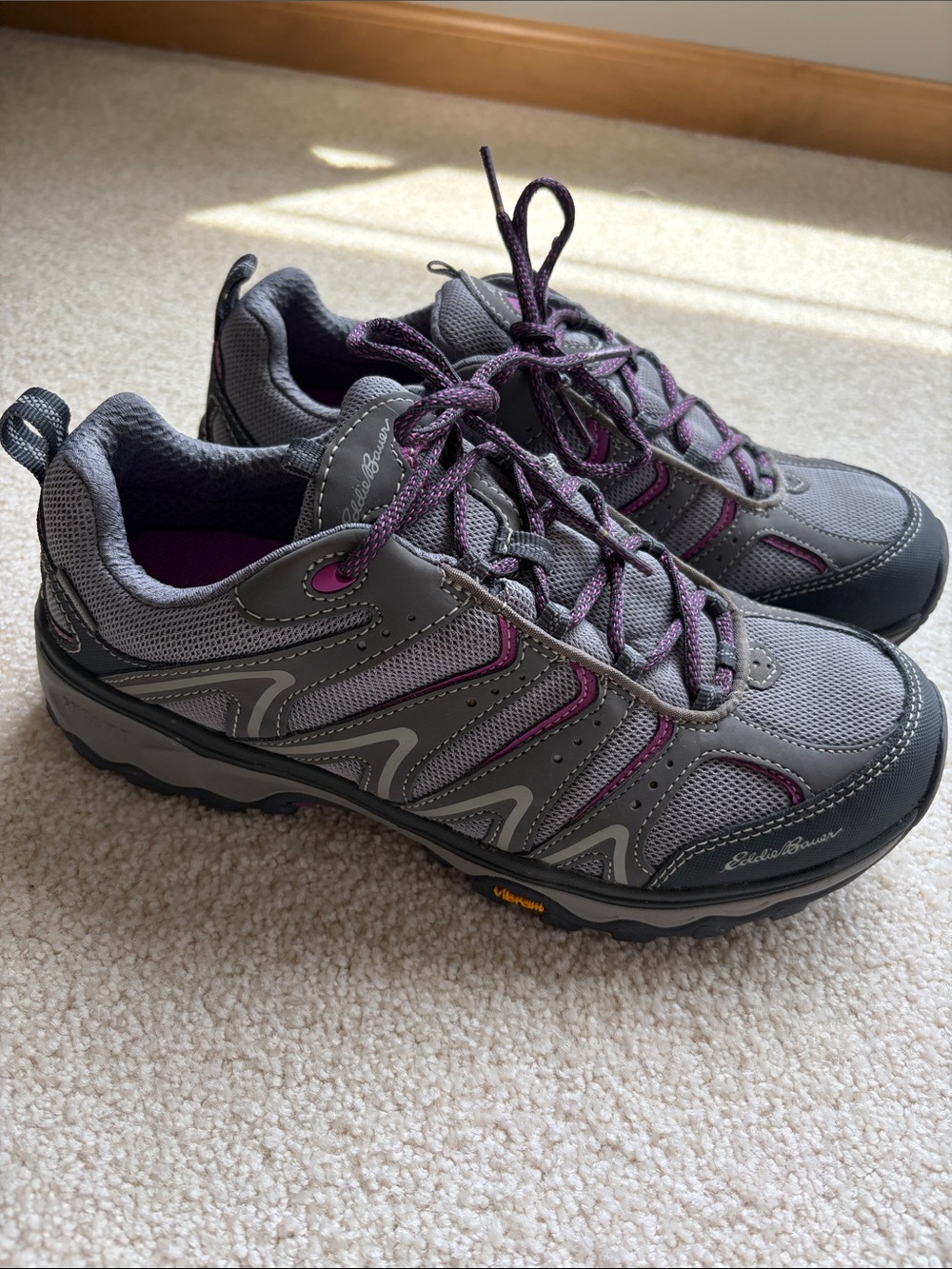 Eddie Bauer Women's Pro Vibram Gray Trail Sneakers with Purple Accents EUC
